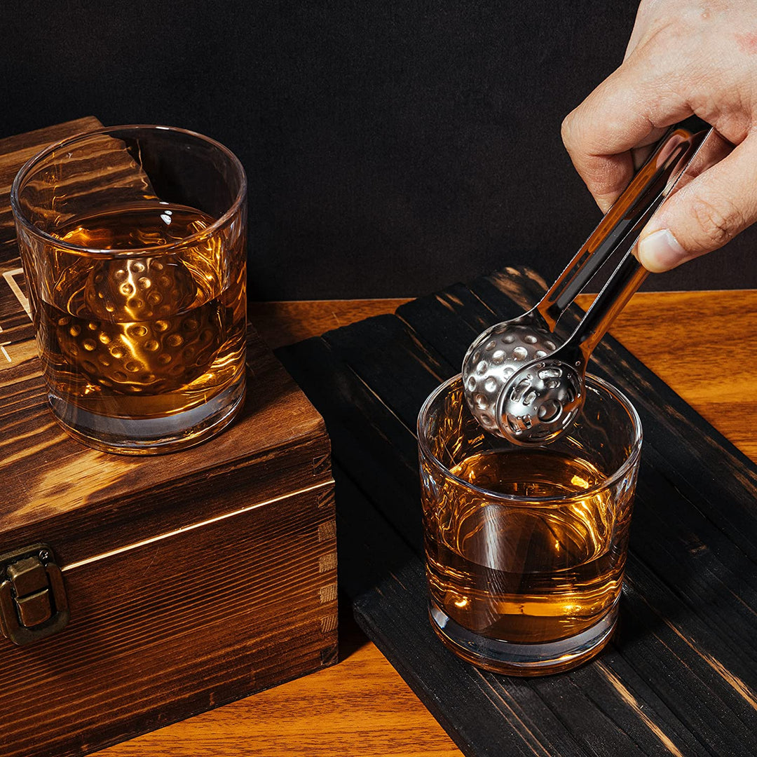 Luxurious Bar Gift Set - Golf Whiskey Glasses - Golf Ball Chillers - Tongs - Set in Premium Wood Box by The Wine Savant - Unique Whiskey Glass Set - Golf Gifts, Golfer Gifts, Gifts for Golf Lovers by The Wine Savant