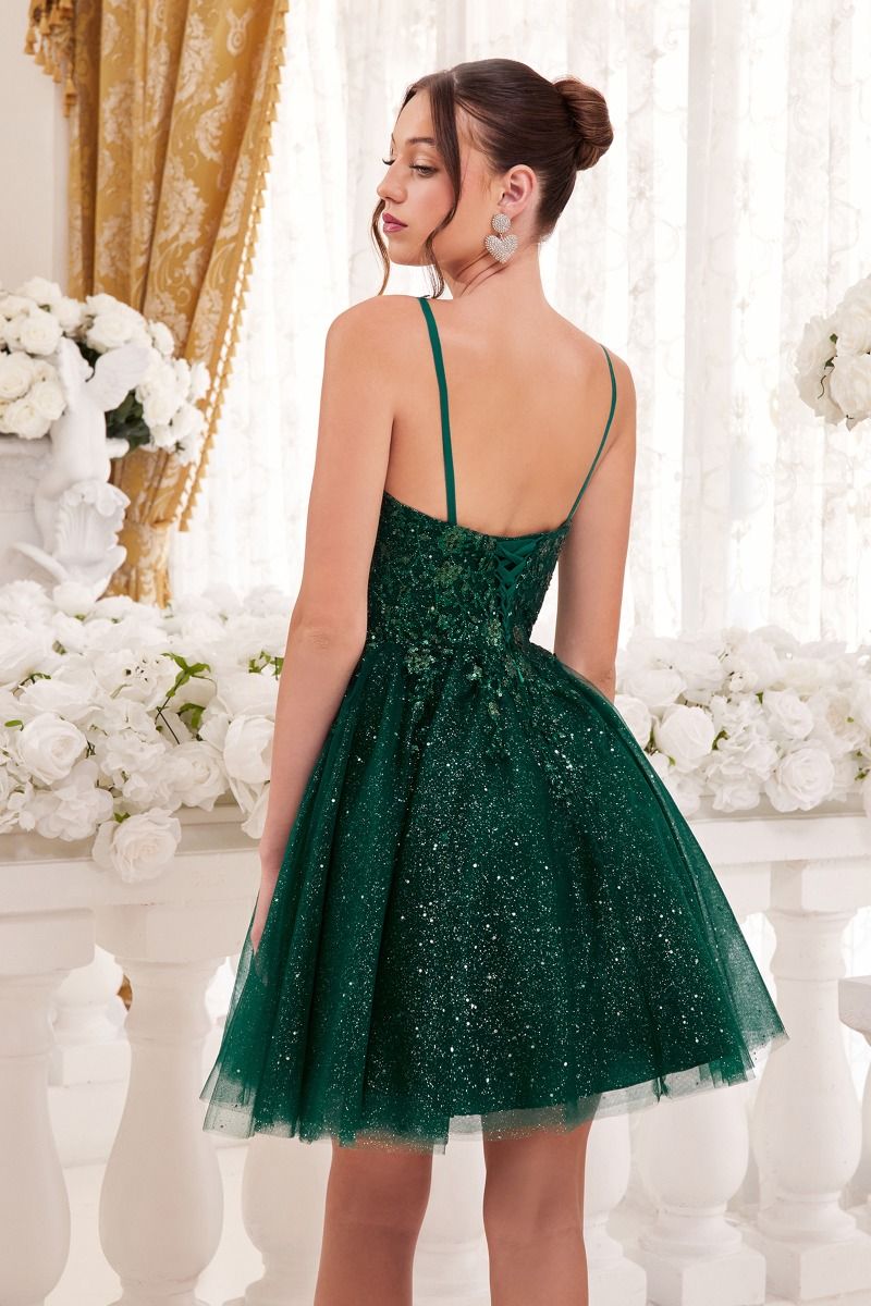 A-Line V-neck Floral Bodice Glittery Layered Short Cocktail & Homecoming Dress CD9245