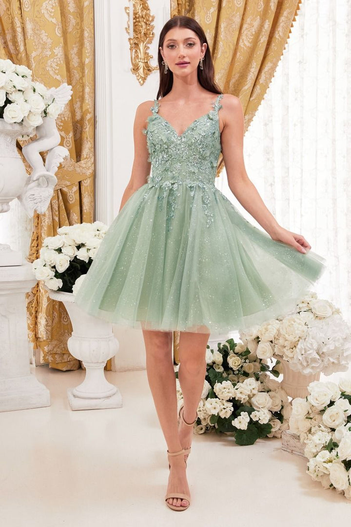 A-Line V-neck Floral Bodice Glittery Layered Short Cocktail & Homecoming Dress CD9245