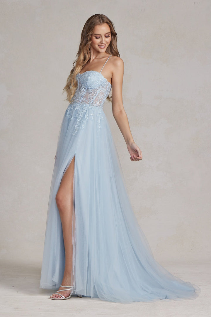 Embroidered Bodice Side Slit Tulle Skirt Long Prom Dress NXJ1089