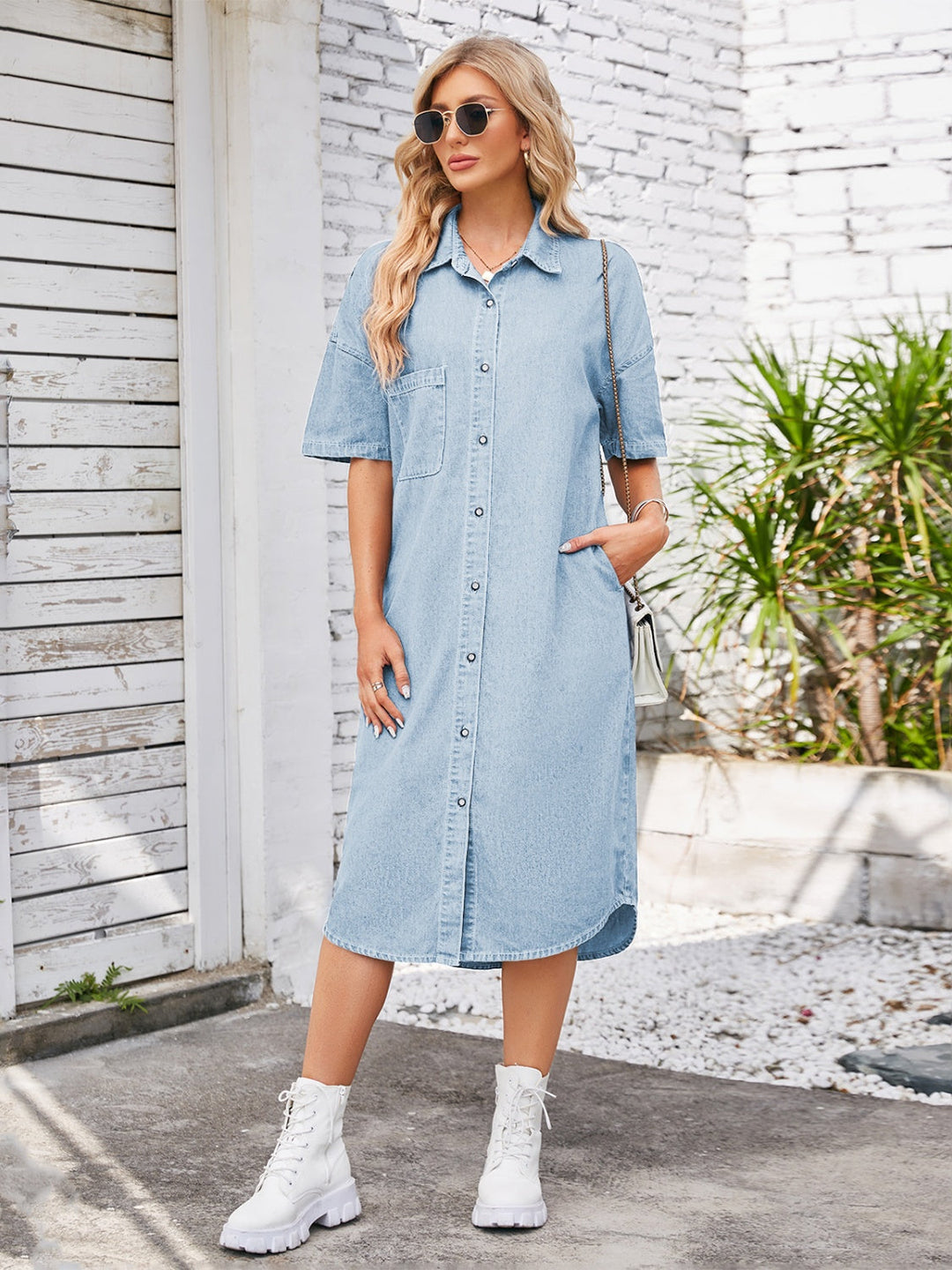 Button Up Dropped Shoulder Denim Dress by BlakWardrob