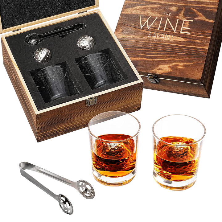 Luxurious Bar Gift Set - Golf Whiskey Glasses - Golf Ball Chillers - Tongs - Set in Premium Wood Box by The Wine Savant - Unique Whiskey Glass Set - Golf Gifts, Golfer Gifts, Gifts for Golf Lovers by The Wine Savant