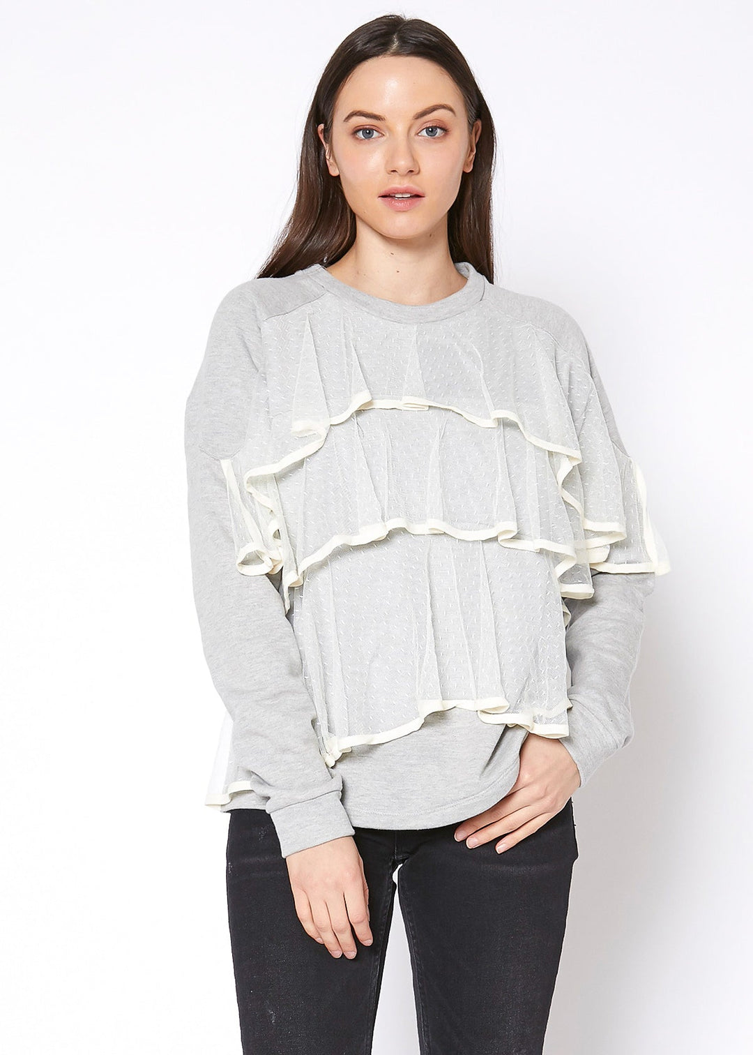 Women's Layered Lace Front Crewneck Sweatshirt by Shop at Konus