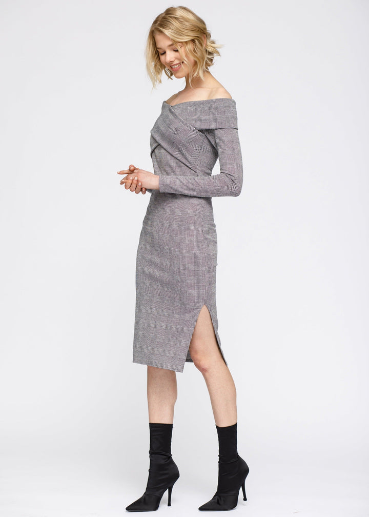 Women's Glen Plaid Off Shoulder Crisscross Dress In Grey Black