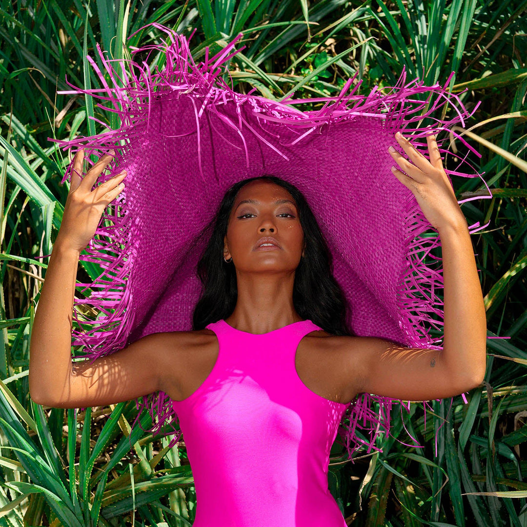 AMORA Oversized Woven Straw Hat in Hot Pink by BrunnaCo