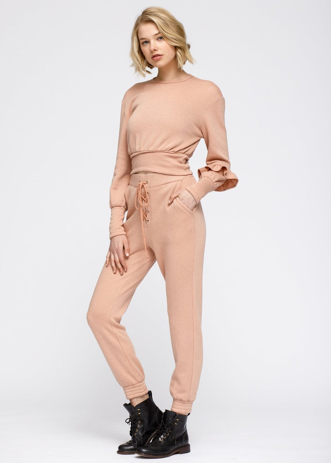 Crewneck Ruffle Sleeve Peplum Sweatshirt In Peach