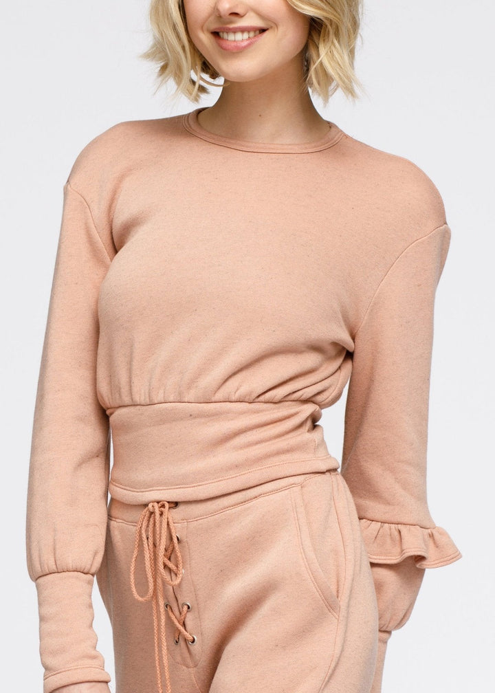 Crewneck Ruffle Sleeve Peplum Sweatshirt In Peach