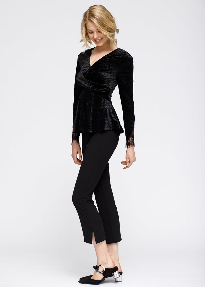 Women's Velvet Wrap Peplum Top In Black