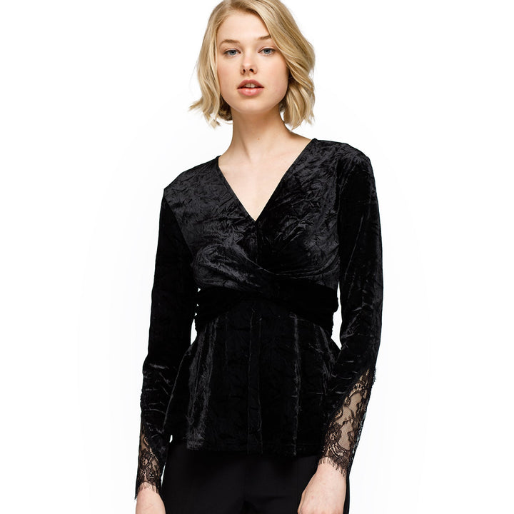 Women's Velvet Wrap Peplum Top In Black