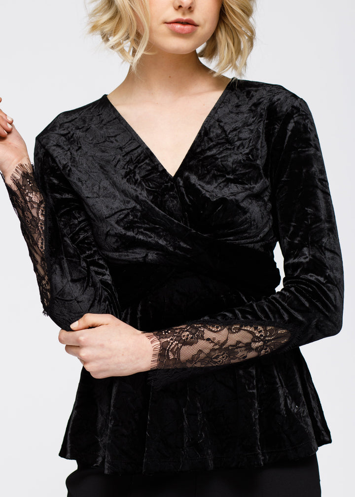 Women's Velvet Wrap Peplum Top In Black