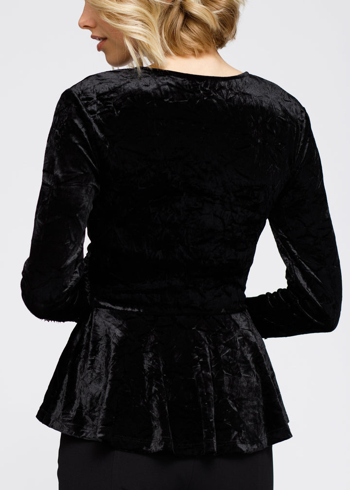 Women's Velvet Wrap Peplum Top In Black