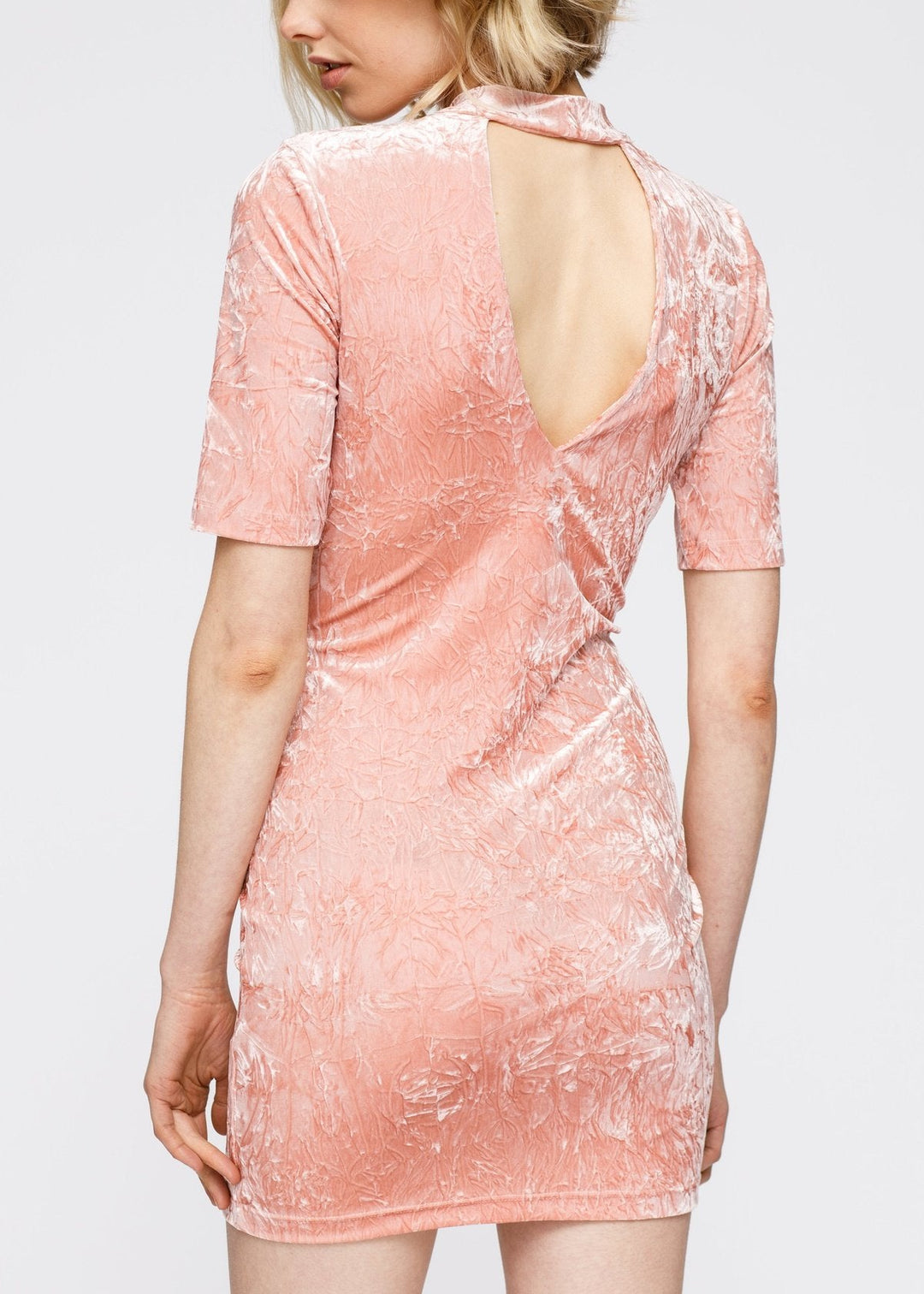 Velvet Deep V Cutout Back Dress In Peach