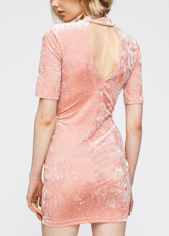 Velvet Deep V Cutout Back Dress In Peach