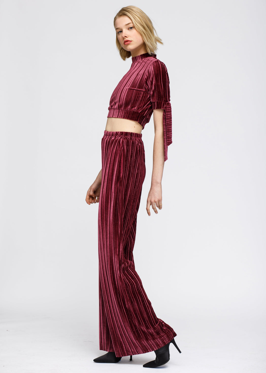 Women's Velvet Wide Leg High Waist Pants In Mulberry