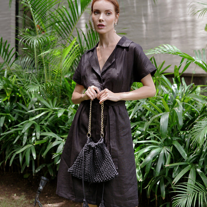 ARYA Safari Linen Midi Dress, in Black by BrunnaCo