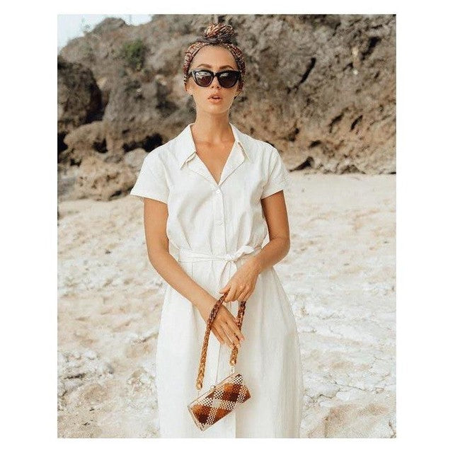 ARYA Safari Linen Midi Dress In Off White by BrunnaCo