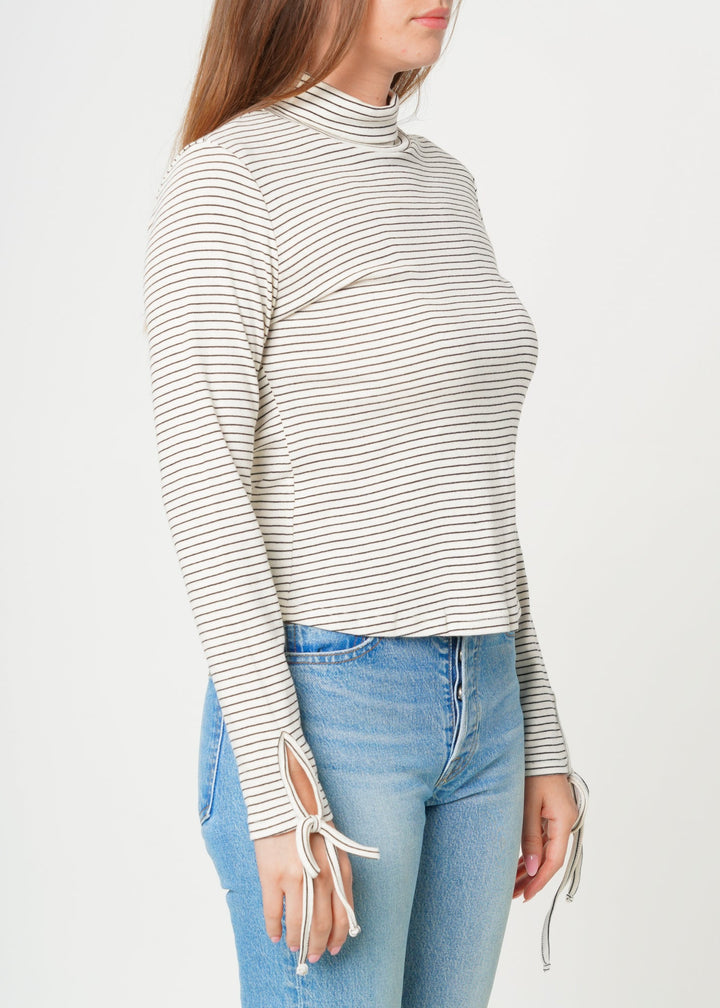 Women's Long Sleeve Mock Neck Tie Cuff Stripe Tee