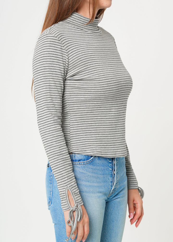 Women's Long Sleeve Mock Neck Tie Cuff Stripe Tee