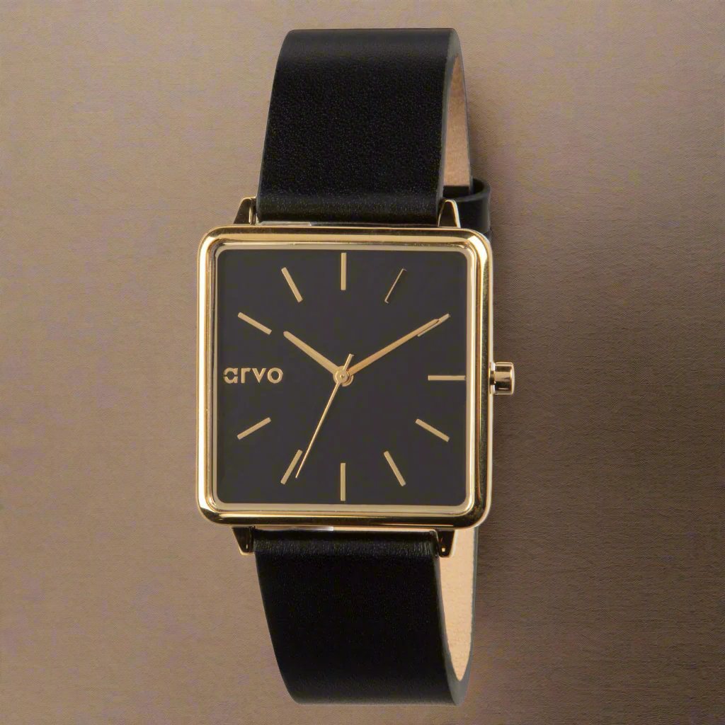 Arvo Time Squared Watch - Black Dial, Black Leather by Arvo