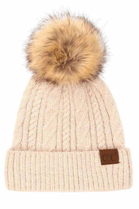 C.C Soft Cuff Cable Knit Faux Fur Pom Bean by Madeline Love