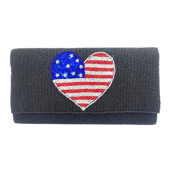 American USA Flag Heart Seed Beaded Clutch Crossbody Bag by Madeline Love