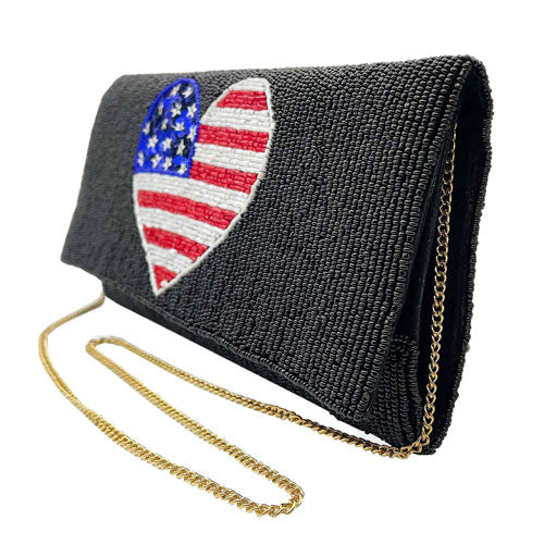 American USA Flag Heart Seed Beaded Clutch Crossbody Bag by Madeline Love