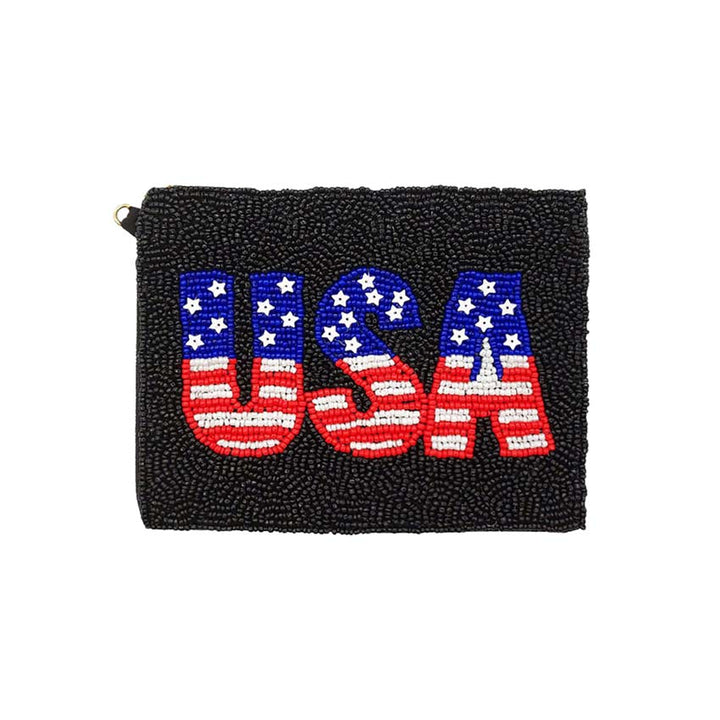 American USA Flag Message Seed Beaded Mini Pouch Bag by Madeline Love