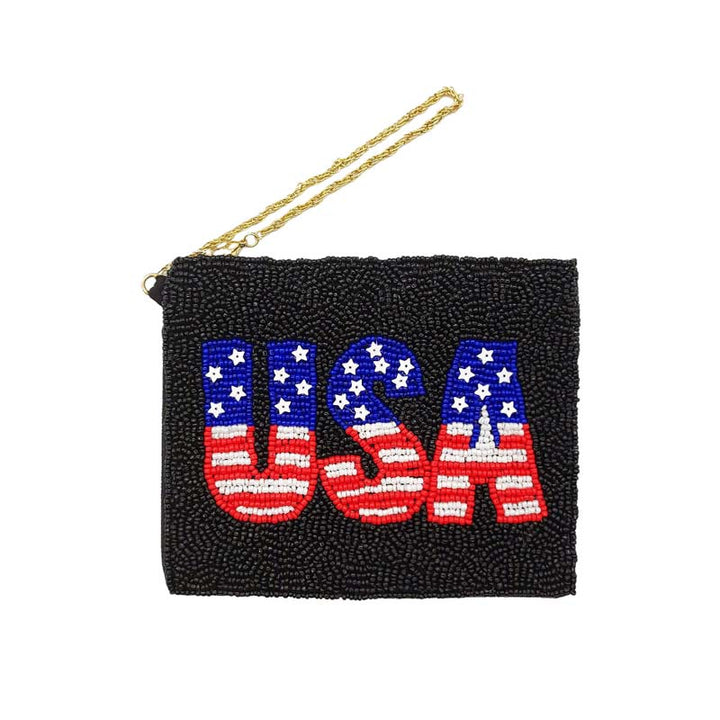 American USA Flag Message Seed Beaded Mini Pouch Bag by Madeline Love