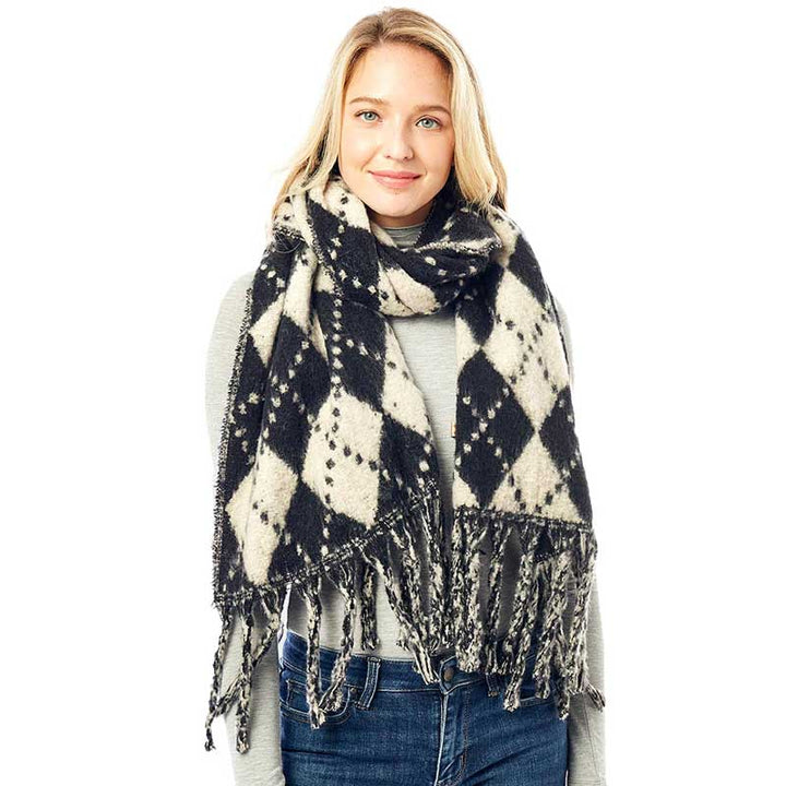 Argyle Print Oblong Scarf With Fringe by Madeline Love