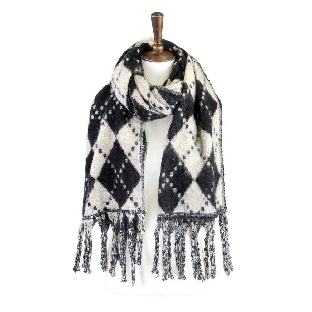 Argyle Print Oblong Scarf With Fringe by Madeline Love