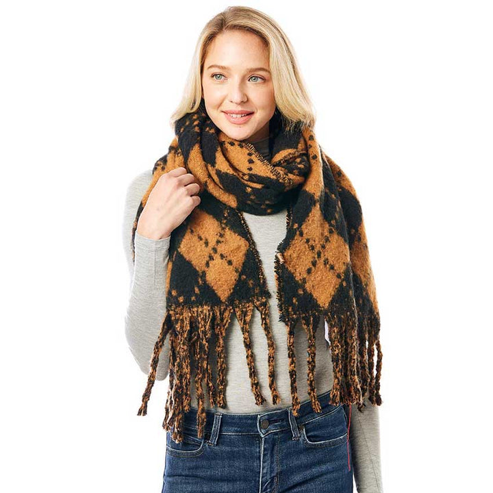 Argyle Print Oblong Scarf With Fringe by Madeline Love