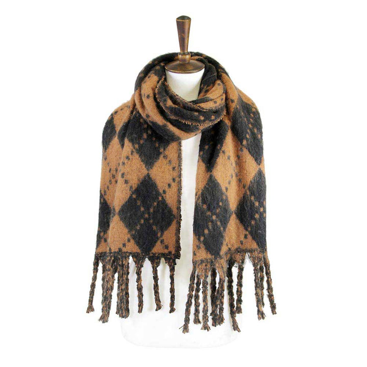 Argyle Print Oblong Scarf With Fringe by Madeline Love