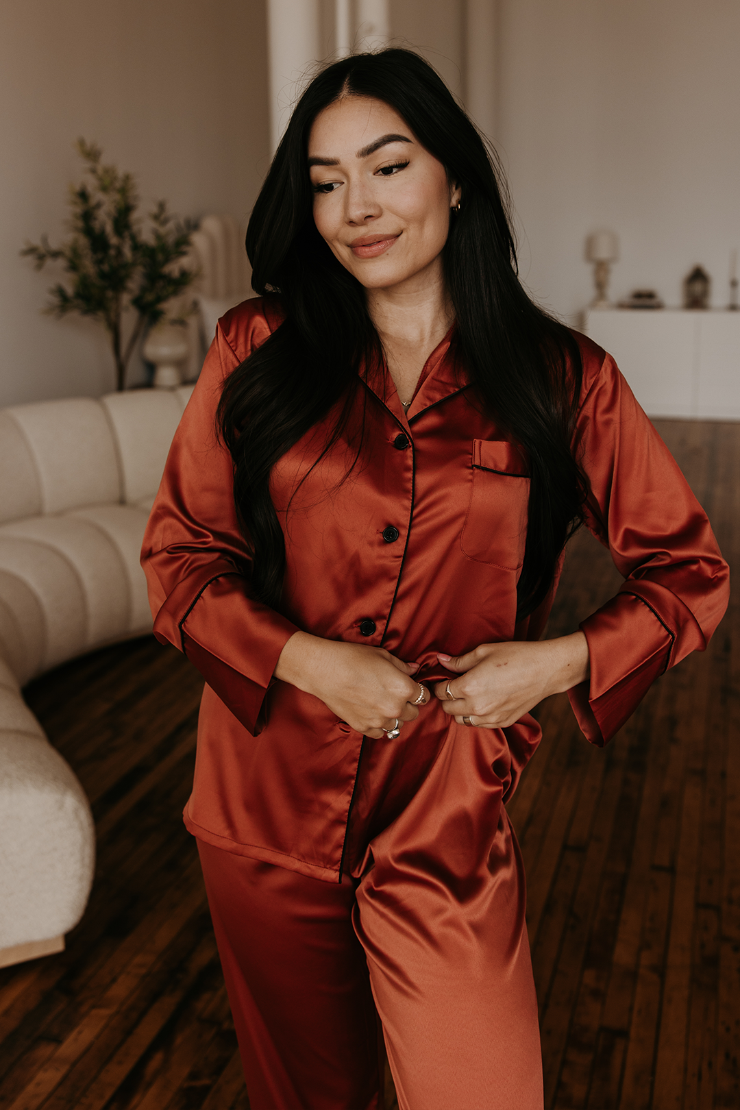 Burnt Orange Satin Pajamas Pants Set by Spikes and Seams