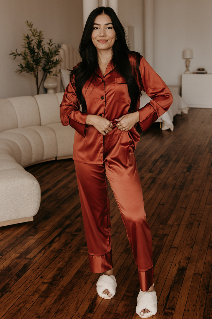 Burnt Orange Satin Pajamas Pants Set by Spikes and Seams