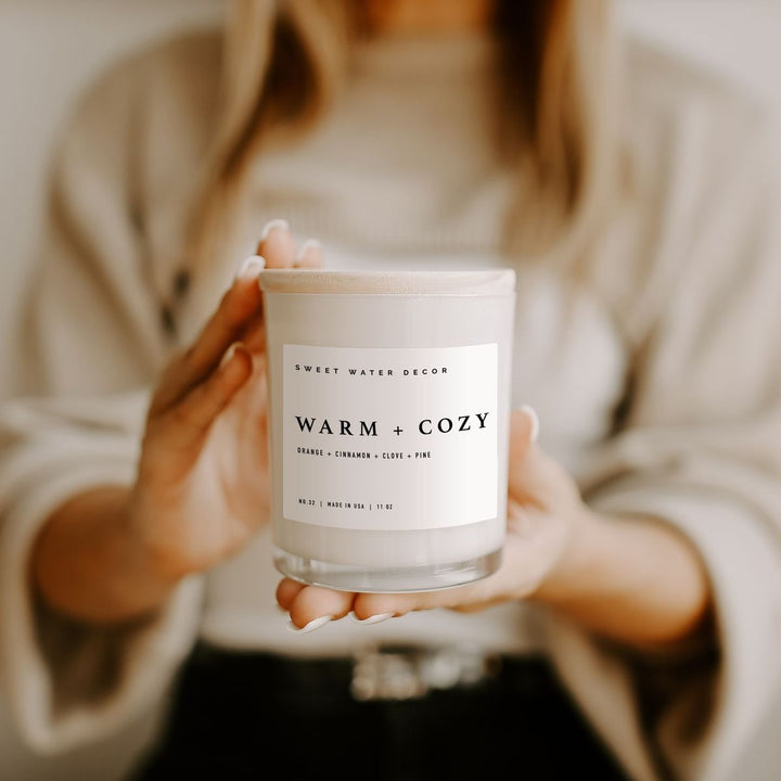 Warm and Cozy Soy Candle - White Jar - 11 oz by Sweet Water Decor