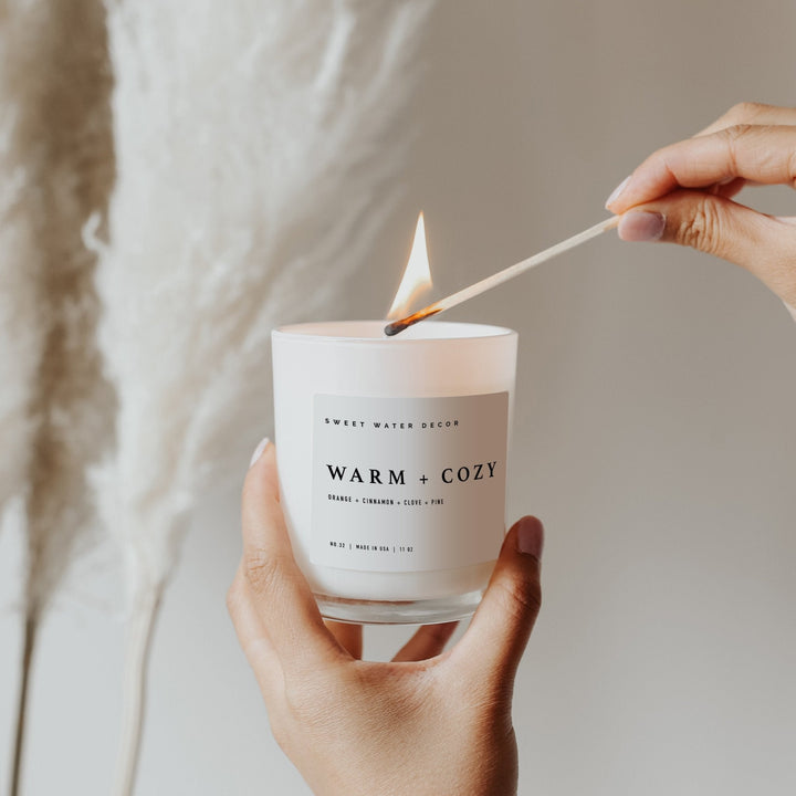 Warm and Cozy Soy Candle - White Jar - 11 oz by Sweet Water Decor