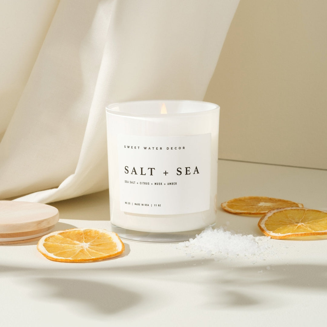 Salt and Sea Soy Candle - White Jar - 11 oz by Sweet Water Decor