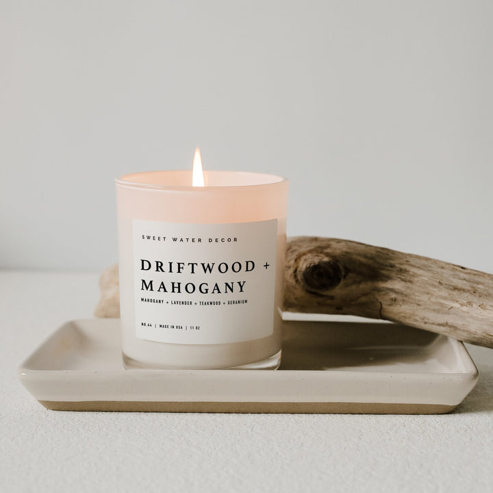 Driftwood and Mahogany Soy Candle - White Jar - 11 oz by Sweet Water Decor