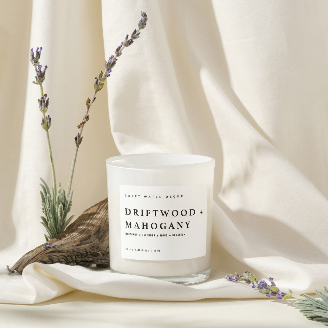 Driftwood and Mahogany Soy Candle - White Jar - 11 oz by Sweet Water Decor