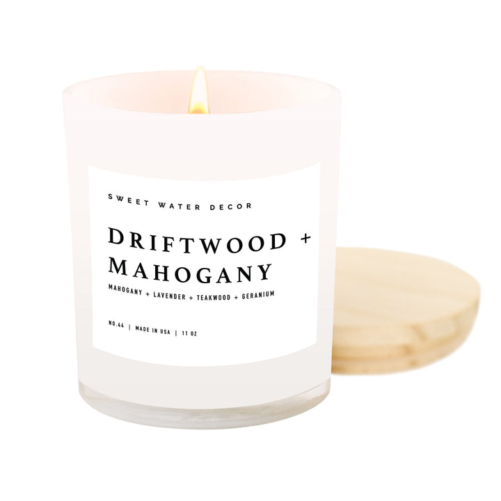 Driftwood and Mahogany Soy Candle - White Jar - 11 oz by Sweet Water Decor