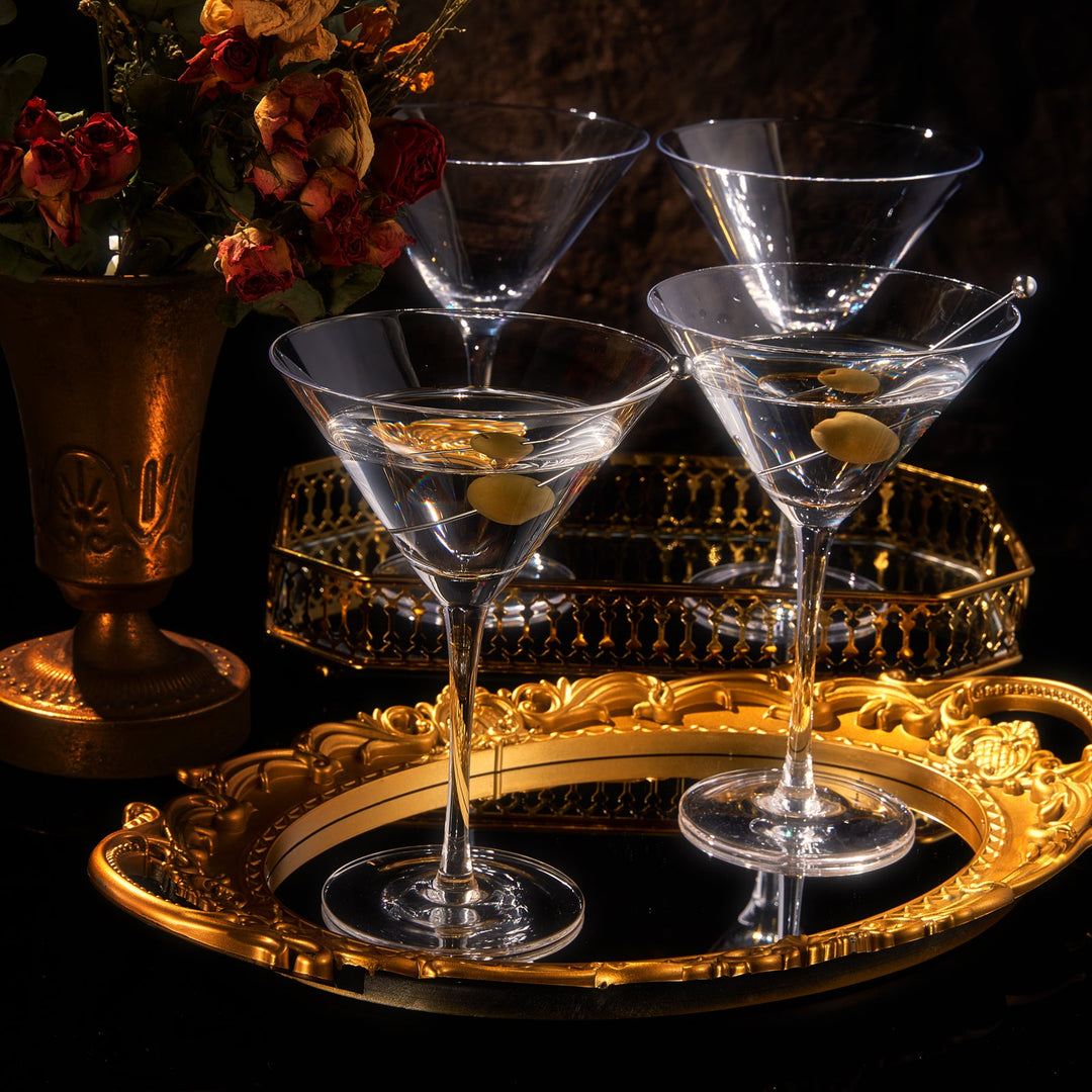 Crystal Martini Glass Set of 4 | 10oz | Classic Luxury Cocktail with Bar Spoon & Olive Picks, Premium Hand-Blown | Classic Cocktail Clear Coupes For Manhattan, Cosmopolitan, Sidecar, Stemmed Goblets by The Wine Savant