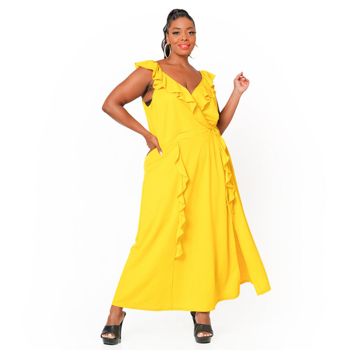 Plus Size Ruffle Trim Wrapped Maxi Dress in Mustard