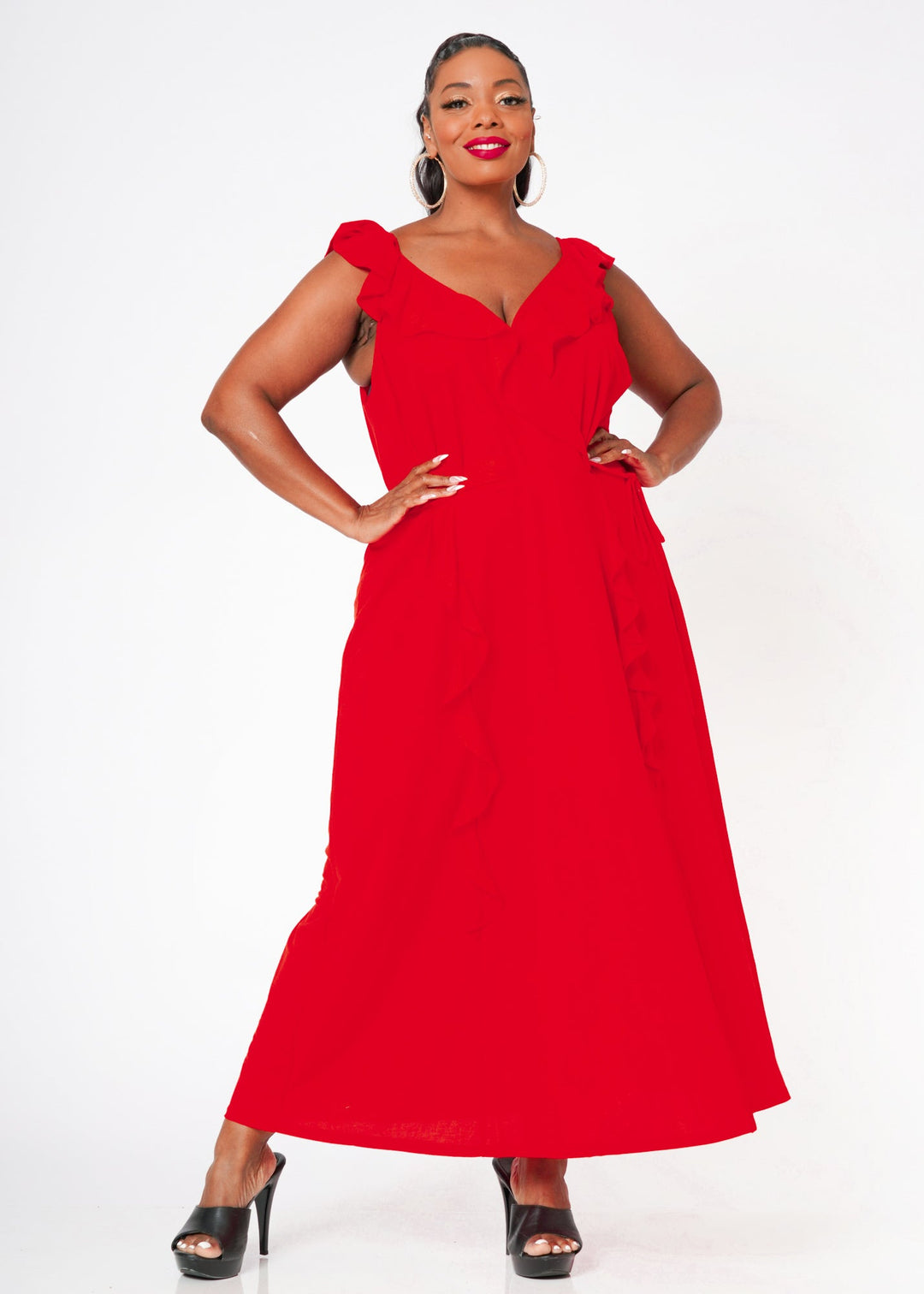 Plus Size Ruffle Trim Wrapped Maxi Dress in Red