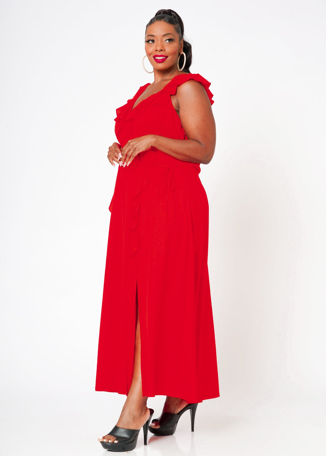 Plus Size Ruffle Trim Wrapped Maxi Dress in Red