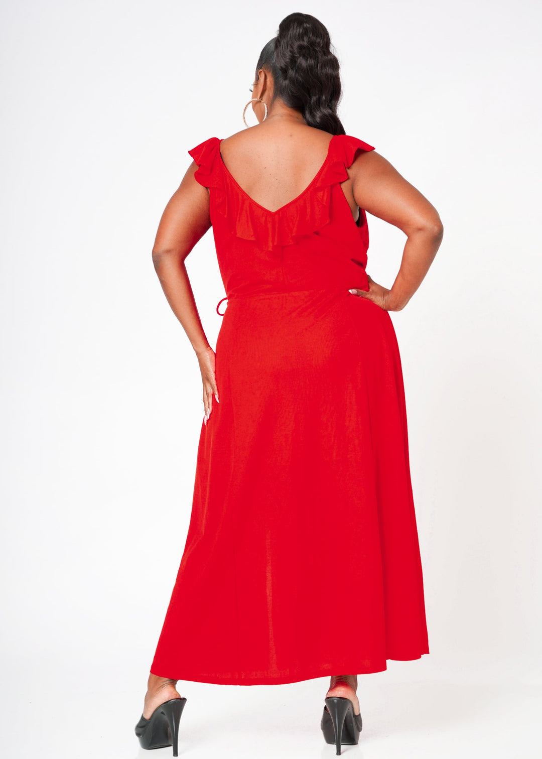 Plus Size Ruffle Trim Wrapped Maxi Dress in Red