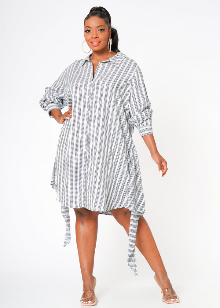 Plus Size Lace Trim Wrapped Shirt Dress in Ditsy Gingham