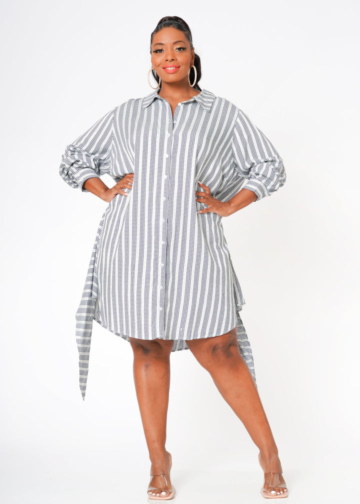 Plus Size Lace Trim Wrapped Shirt Dress in Ditsy Gingham