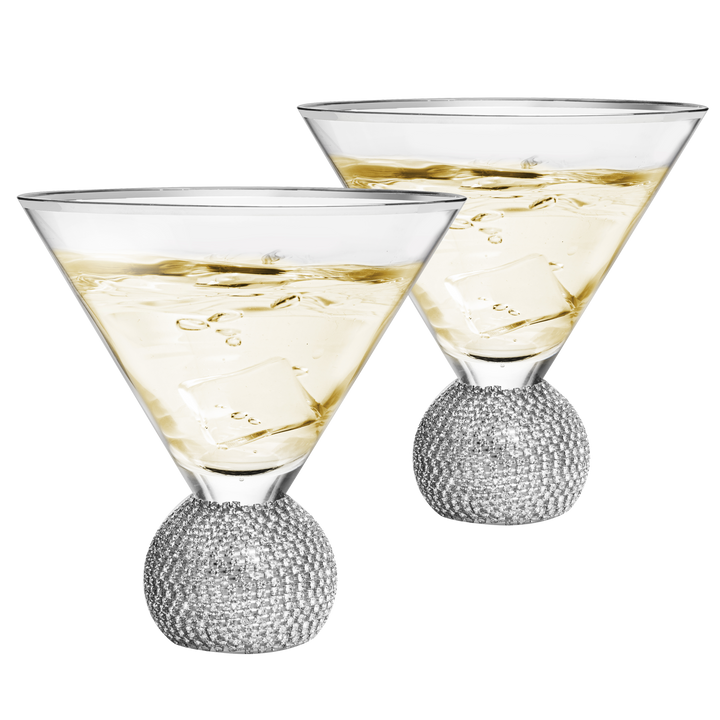 Diamond Studded Martini Glasses Set of 2 - The Wine Savant - Silver Rimmed Modern Cocktail Glass, Rhinestone Diamonds With Stemless Crystal Ball Base, Bar or Party 10.5oz, Swarovski Style Crystals by The Wine Savant