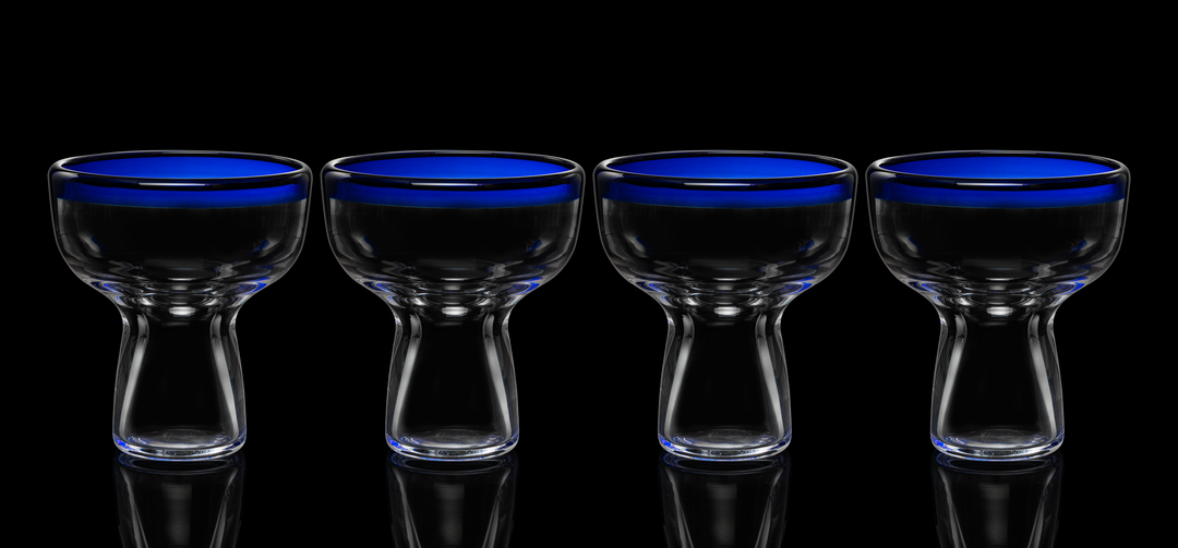 Mexican Hand Blown Blue Rim Margarita Glasses - Set of 4 - Stemless Glass Luxury Hand Blown Mexico Margarita, Martini & Champagne Glasses Cinco de Mayo Glass, Large Party Cobalt Mexico Blue Rim Design by The Wine Savant