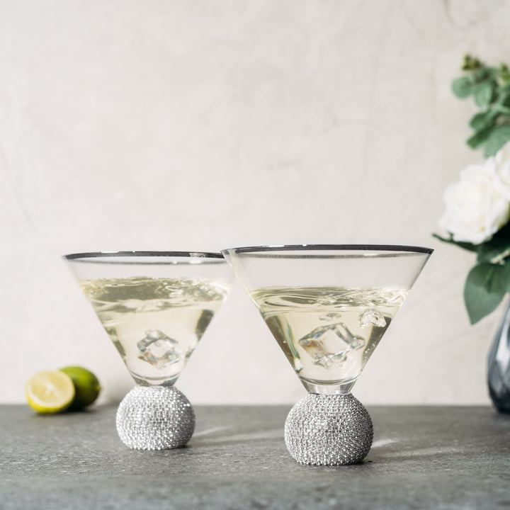 Diamond Studded Martini Glasses Set of 2 - The Wine Savant - Silver Rimmed Modern Cocktail Glass, Rhinestone Diamonds With Stemless Crystal Ball Base, Bar or Party 10.5oz, Swarovski Style Crystals by The Wine Savant